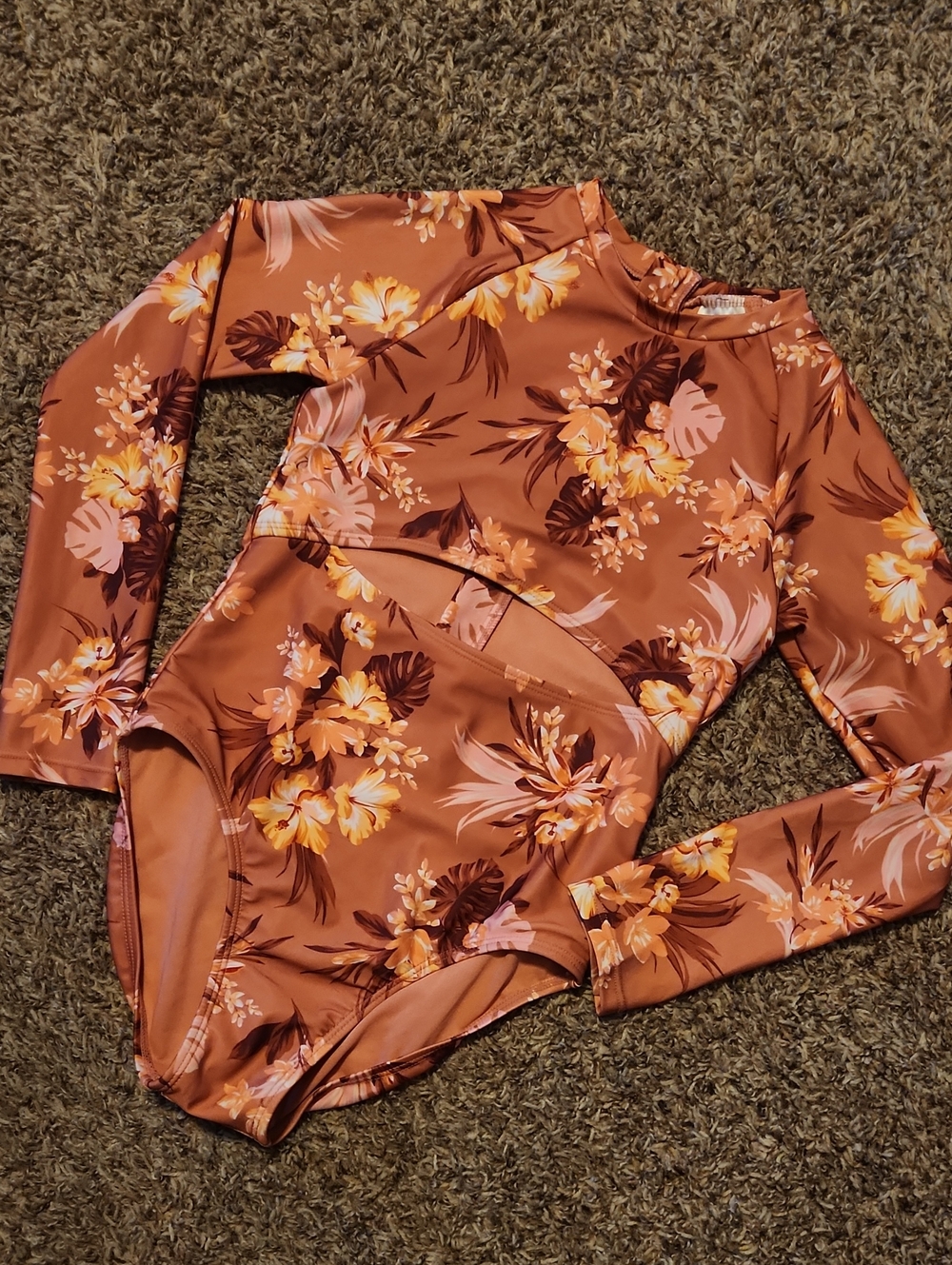 Rust Floral Long-Sleeve One-Piece